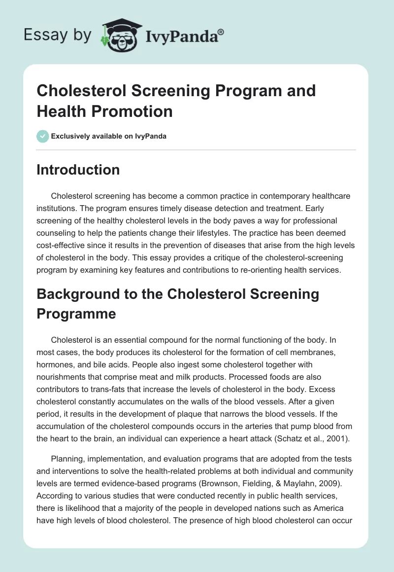 Cholesterol Screening Program and Health Promotion. Page 1