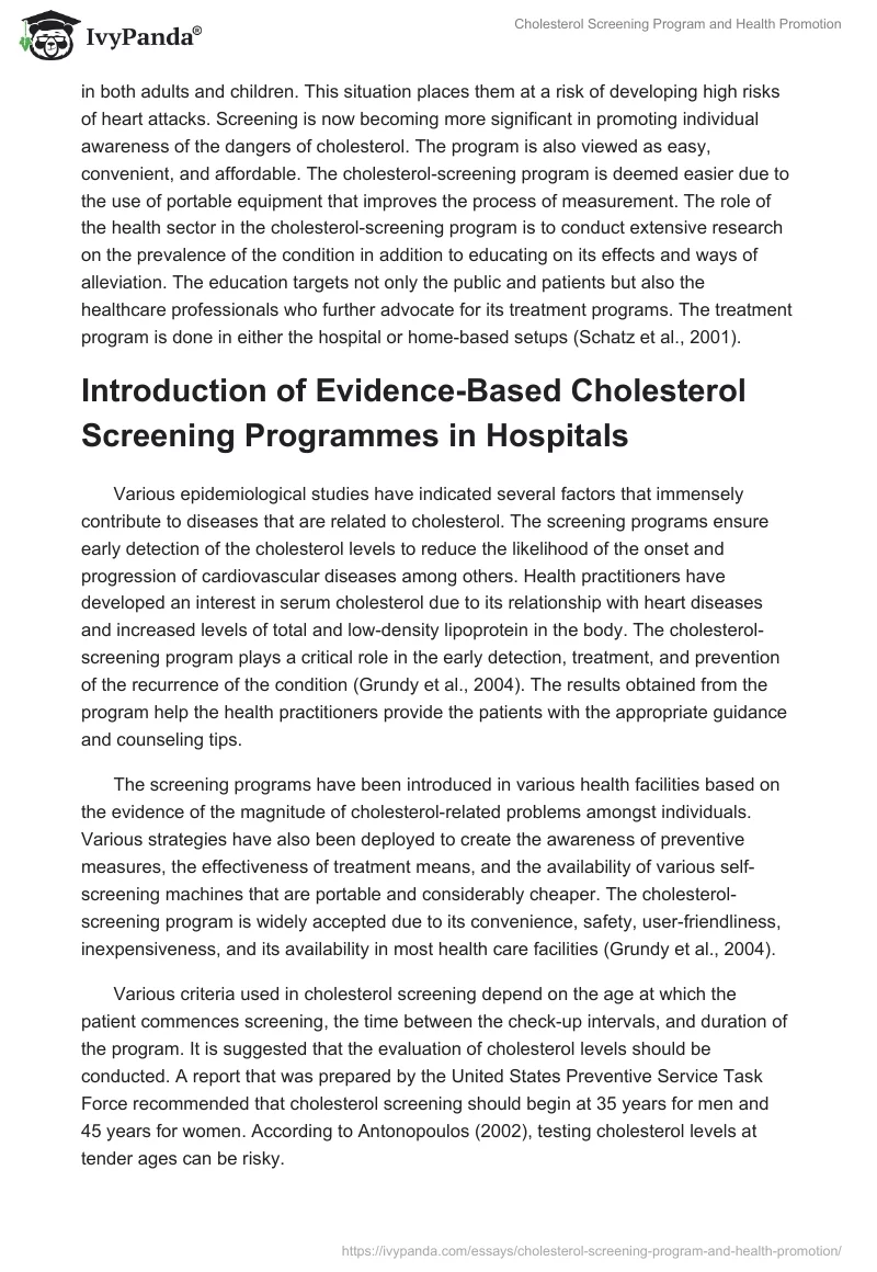 Cholesterol Screening Program and Health Promotion. Page 2