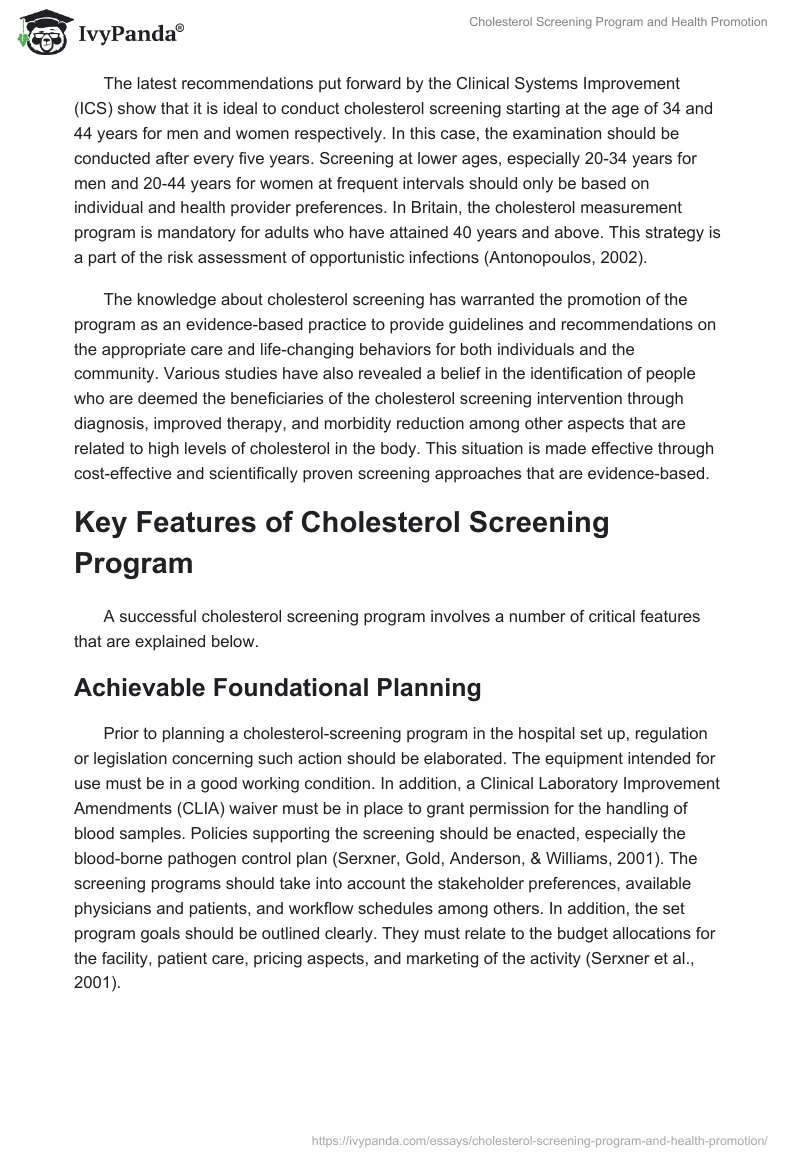 Cholesterol Screening Program and Health Promotion. Page 3