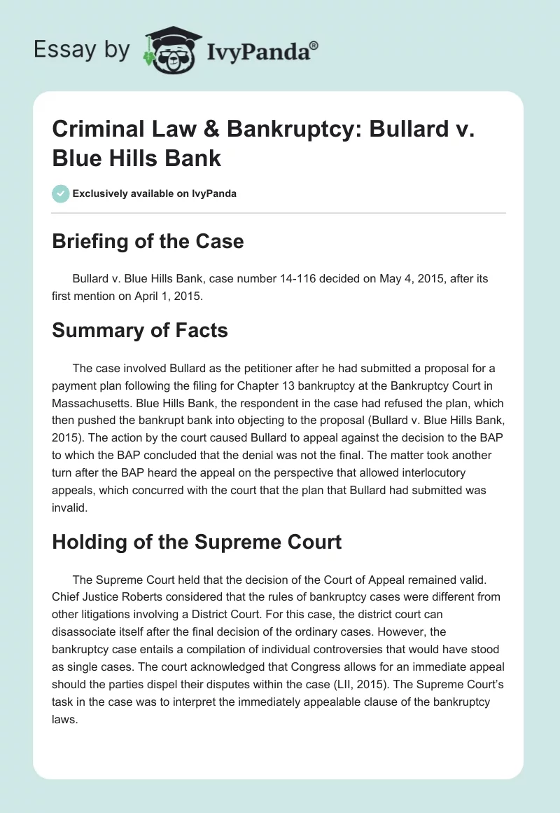 Criminal Law & Bankruptcy: Bullard vs. Blue Hills Bank. Page 1