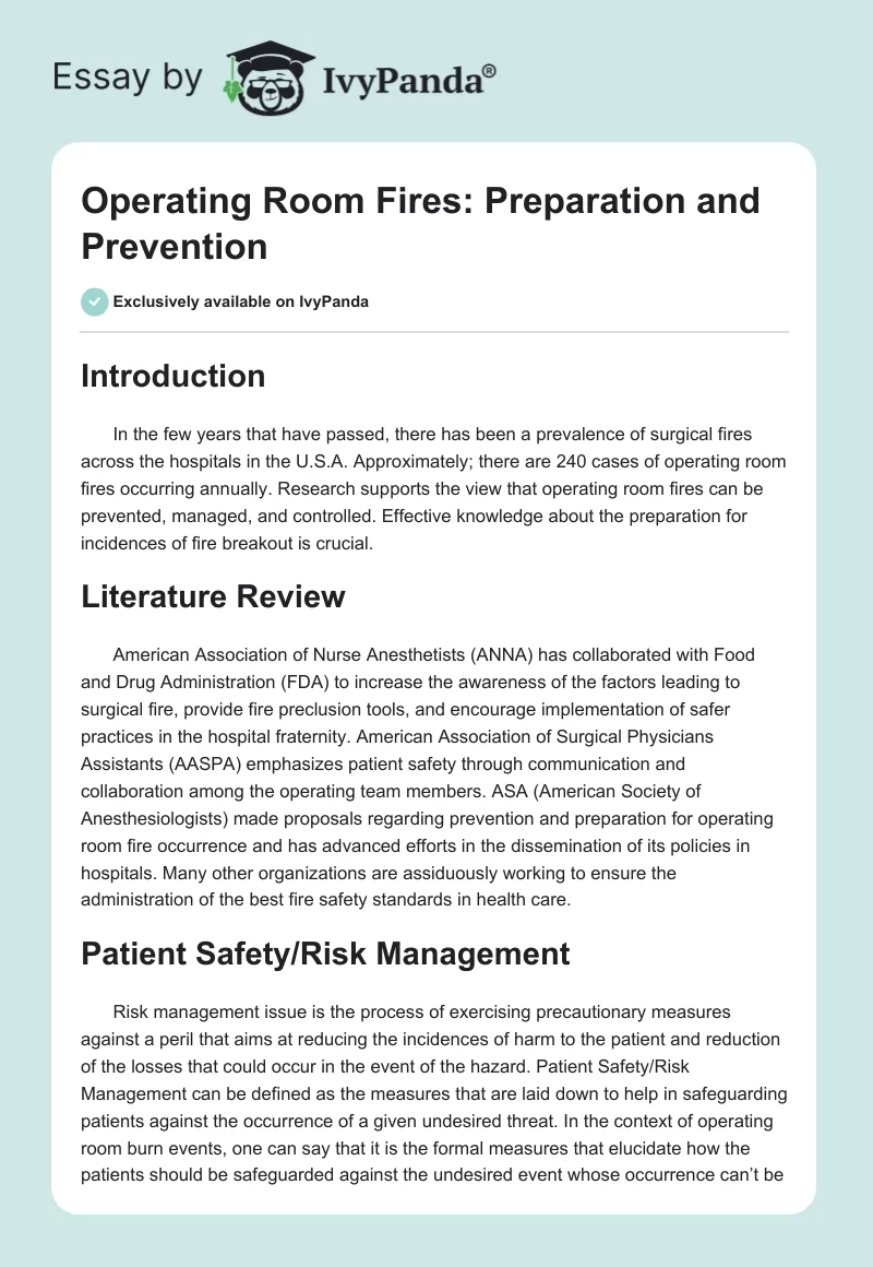 Operating Room Fires: Preparation and Prevention. Page 1