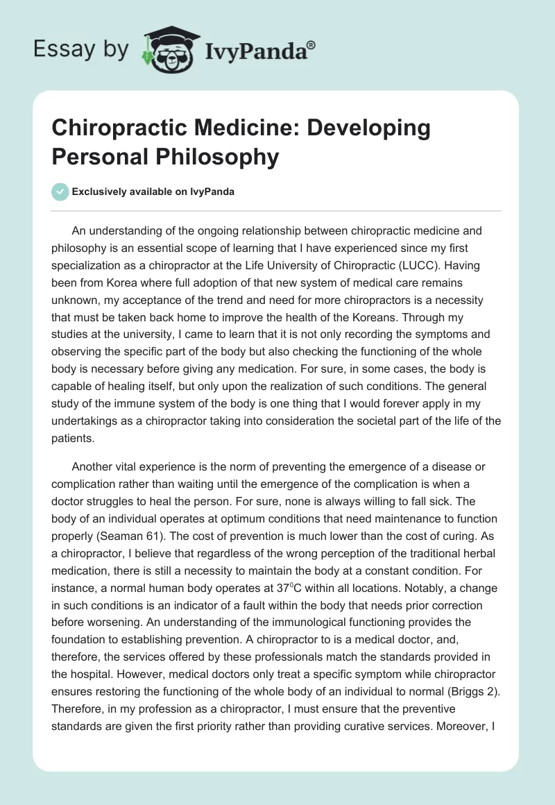 Chiropractic Medicine: Developing Personal Philosophy. Page 1