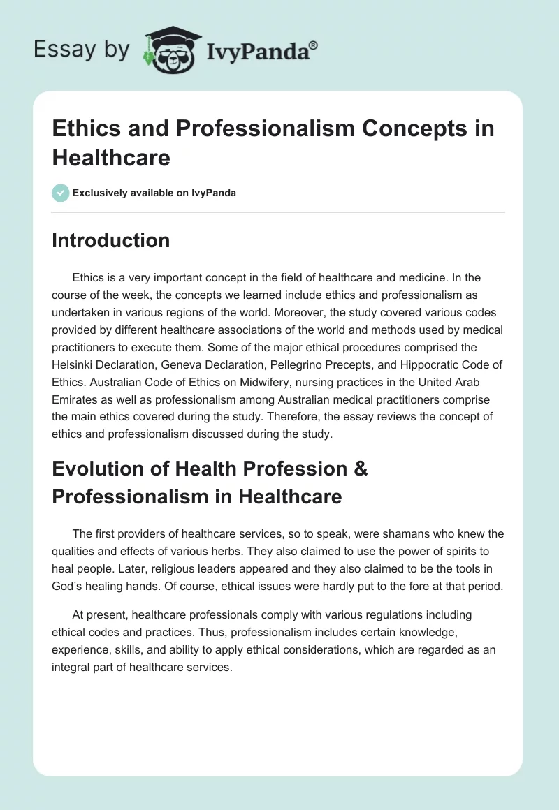 Ethics and Professionalism Concepts in Healthcare. Page 1