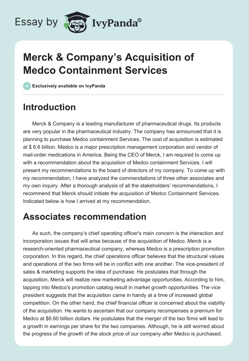 Merck & Company’s Acquisition of Medco Containment Services. Page 1