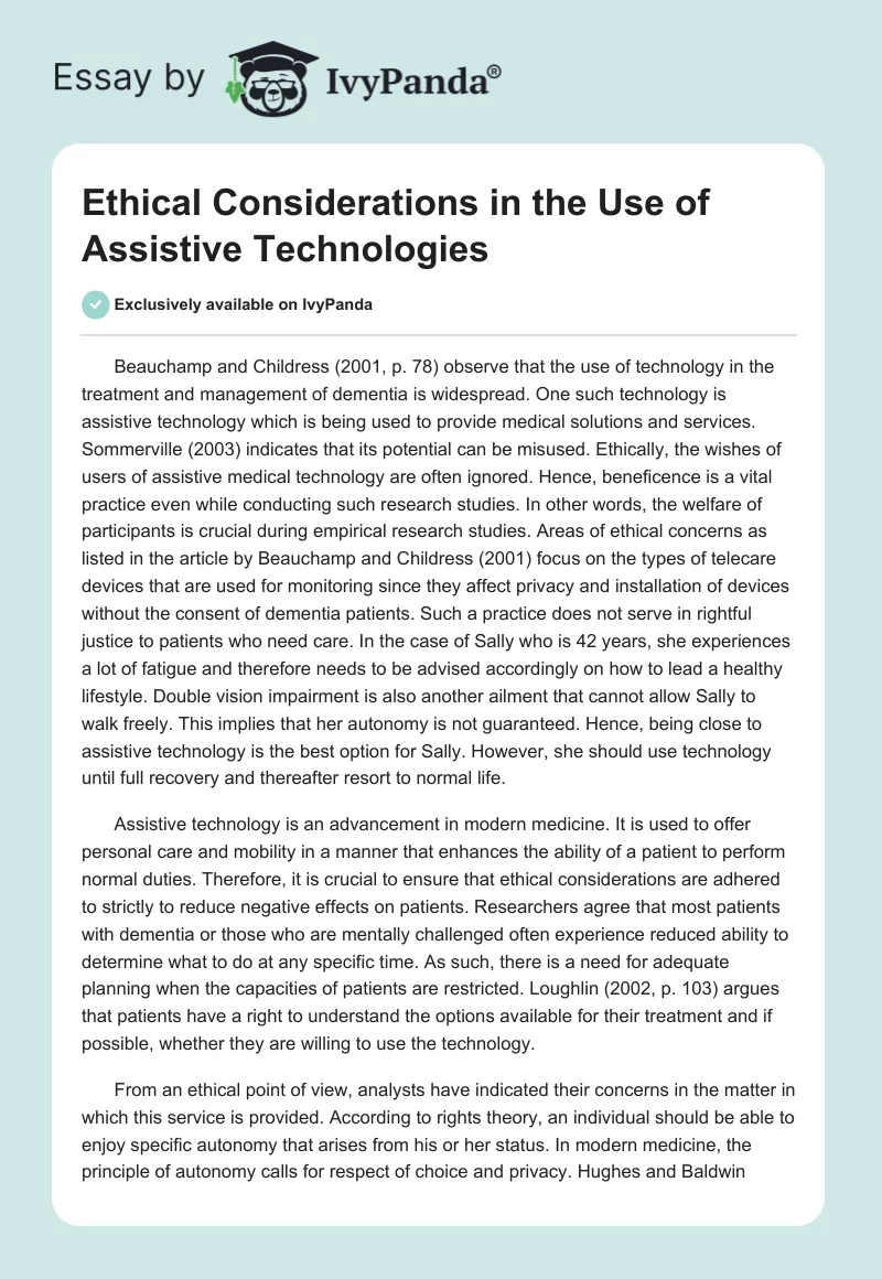 Ethical Considerations in the Use of Assistive Technologies. Page 1