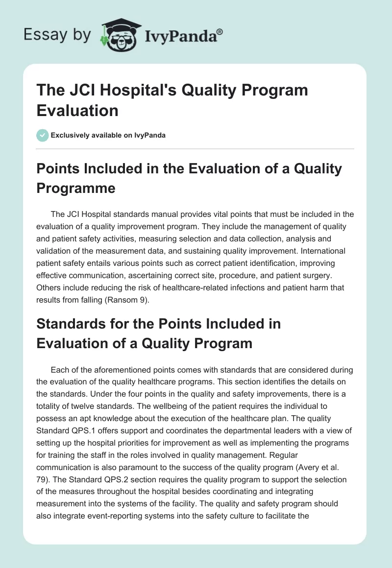 The JCI Hospital's Quality Program Evaluation. Page 1