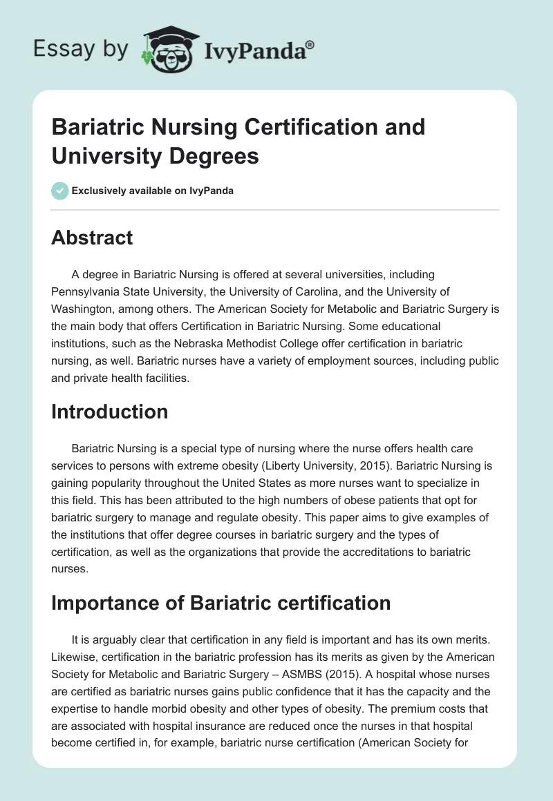 Bariatric Nursing Certification and University Degrees. Page 1