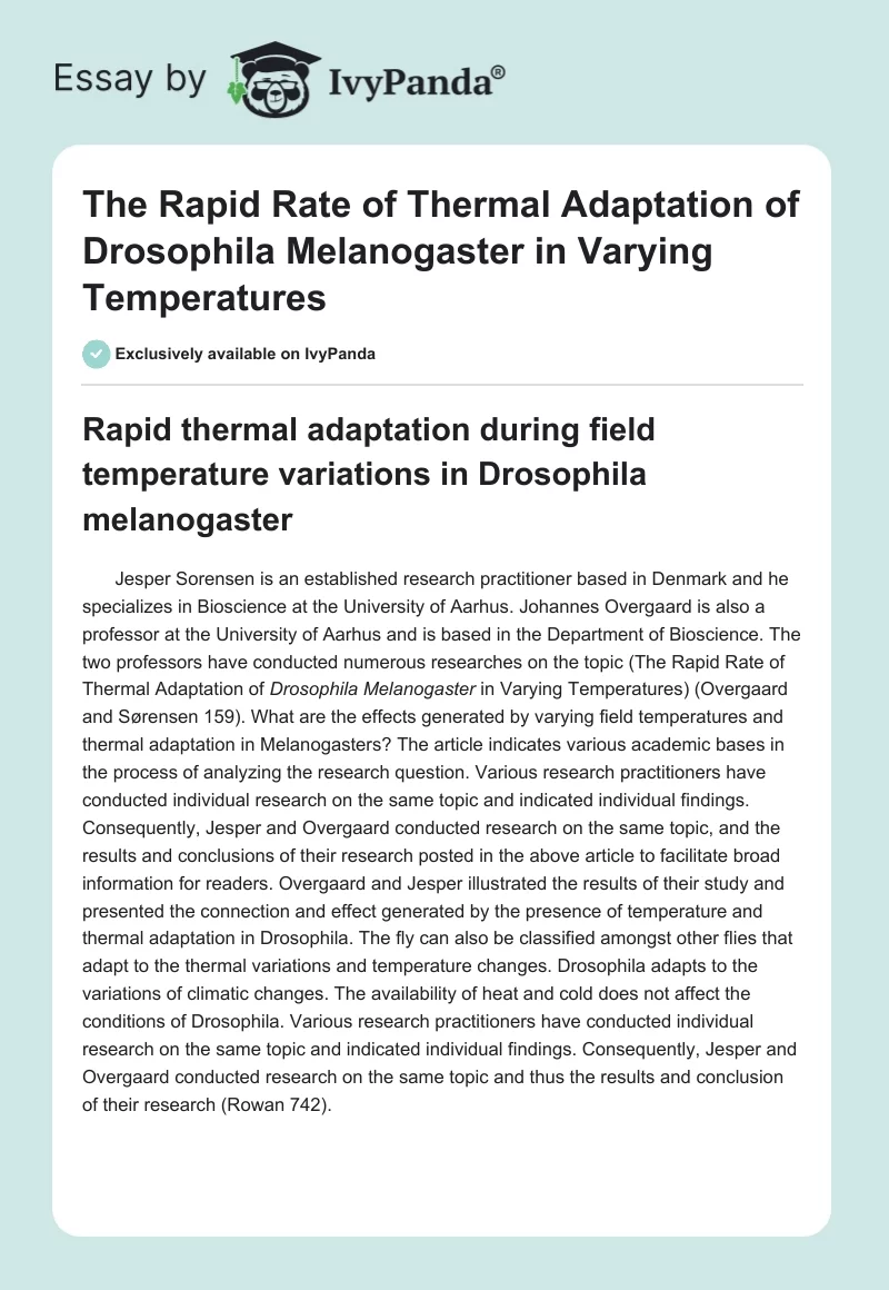 The Rapid Rate of Thermal Adaptation of Drosophila Melanogaster in Varying Temperatures. Page 1