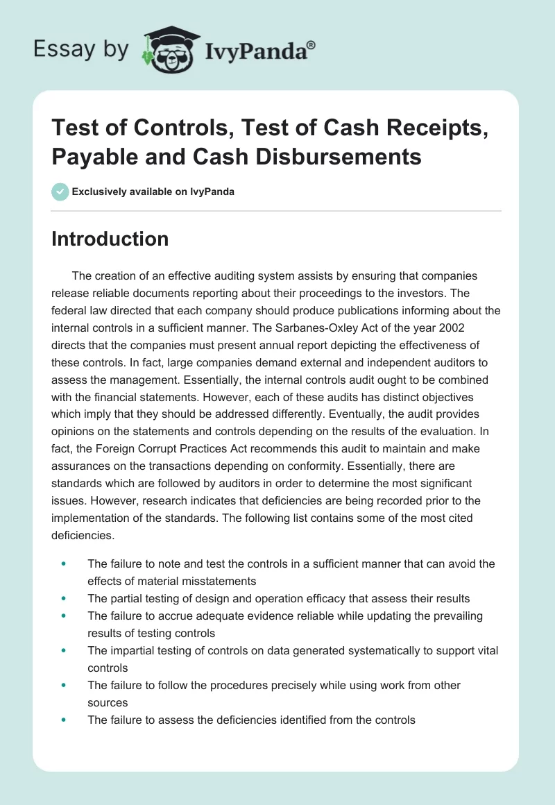 Test of Controls, Test of Cash Receipts, Payable and Cash Disbursements. Page 1