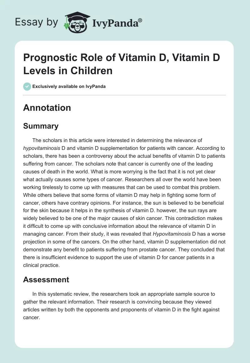 Prognostic Role of Vitamin D, Vitamin D Levels in Children. Page 1