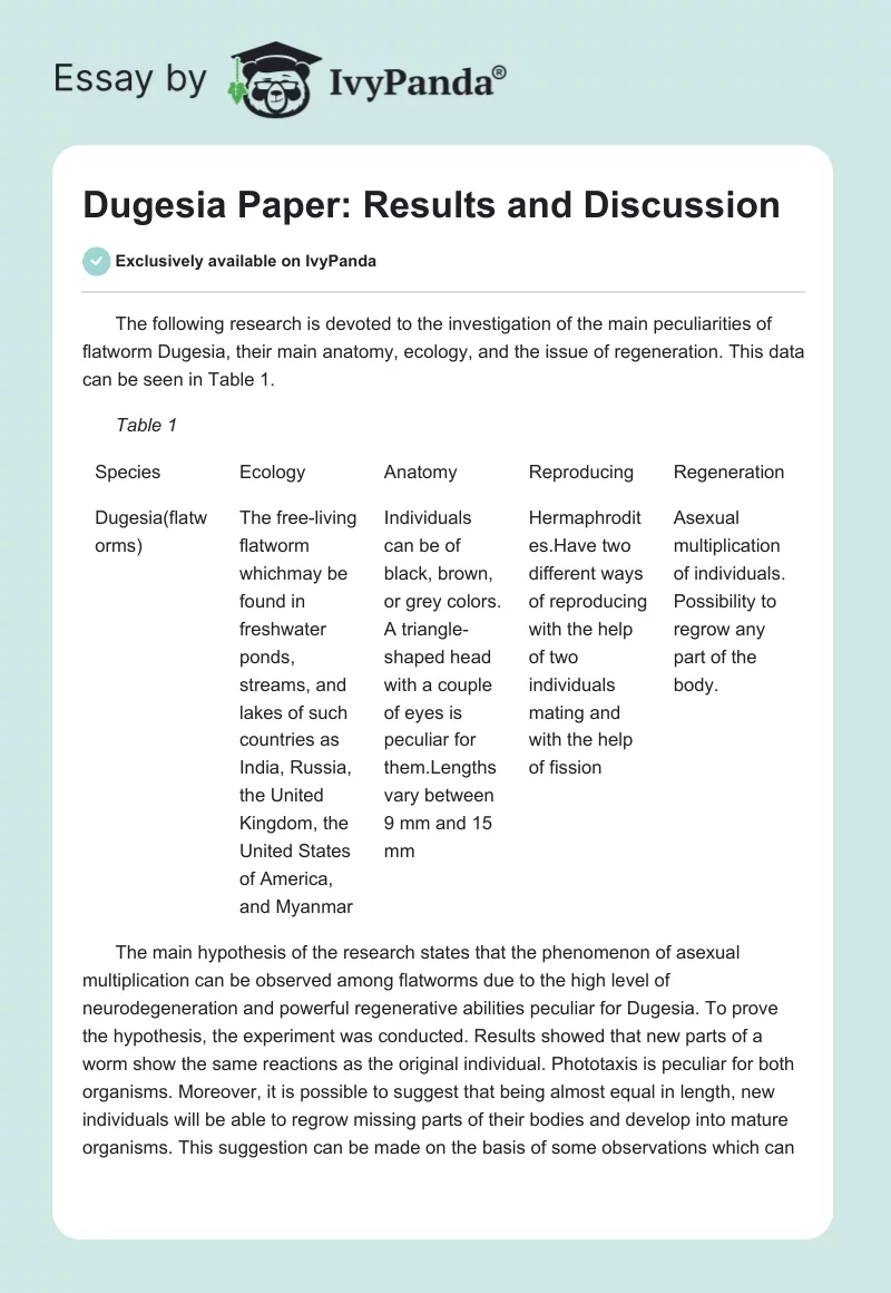 Dugesia Paper: Results and Discussion. Page 1