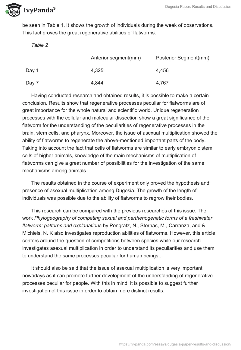 Dugesia Paper: Results and Discussion. Page 2
