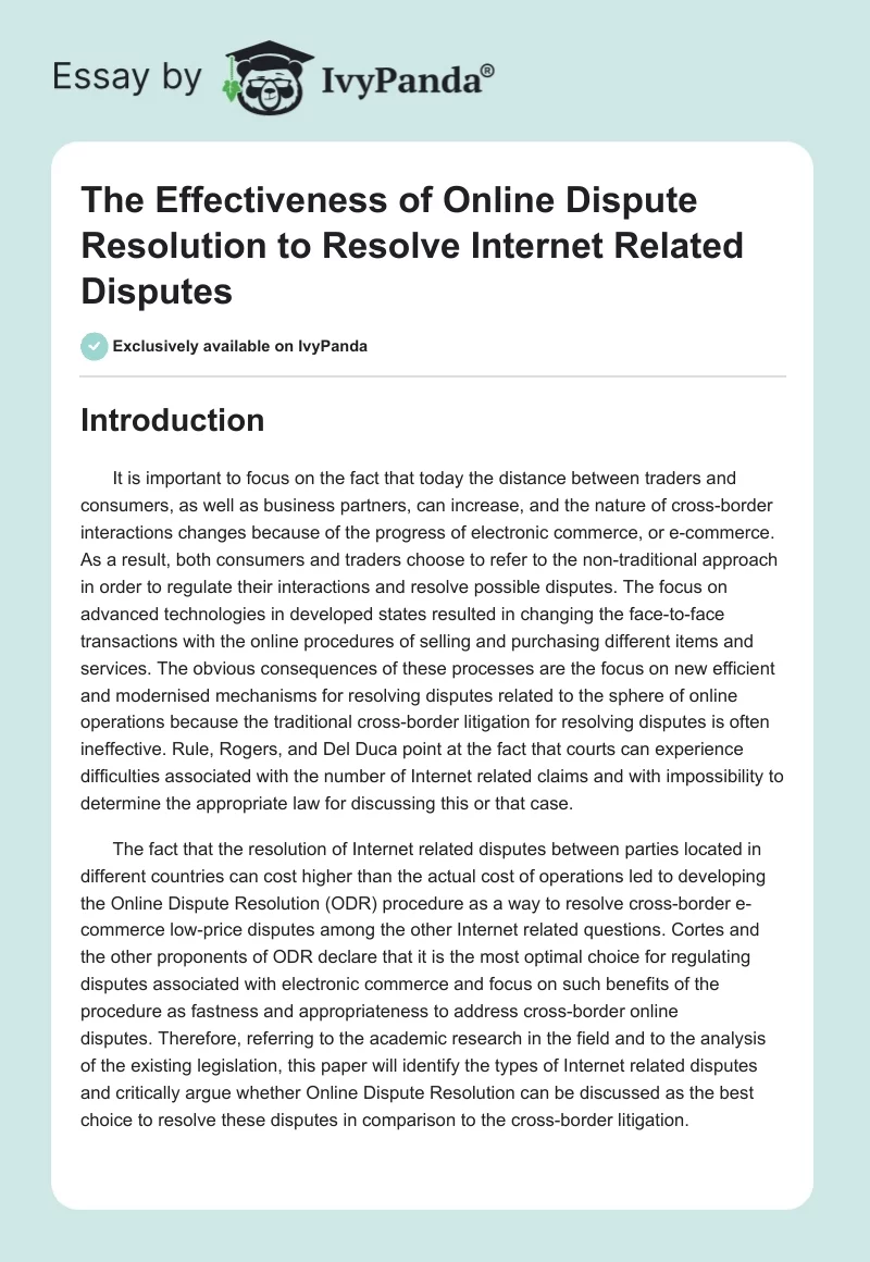 The Effectiveness of Online Dispute Resolution to Resolve Internet Related Disputes. Page 1