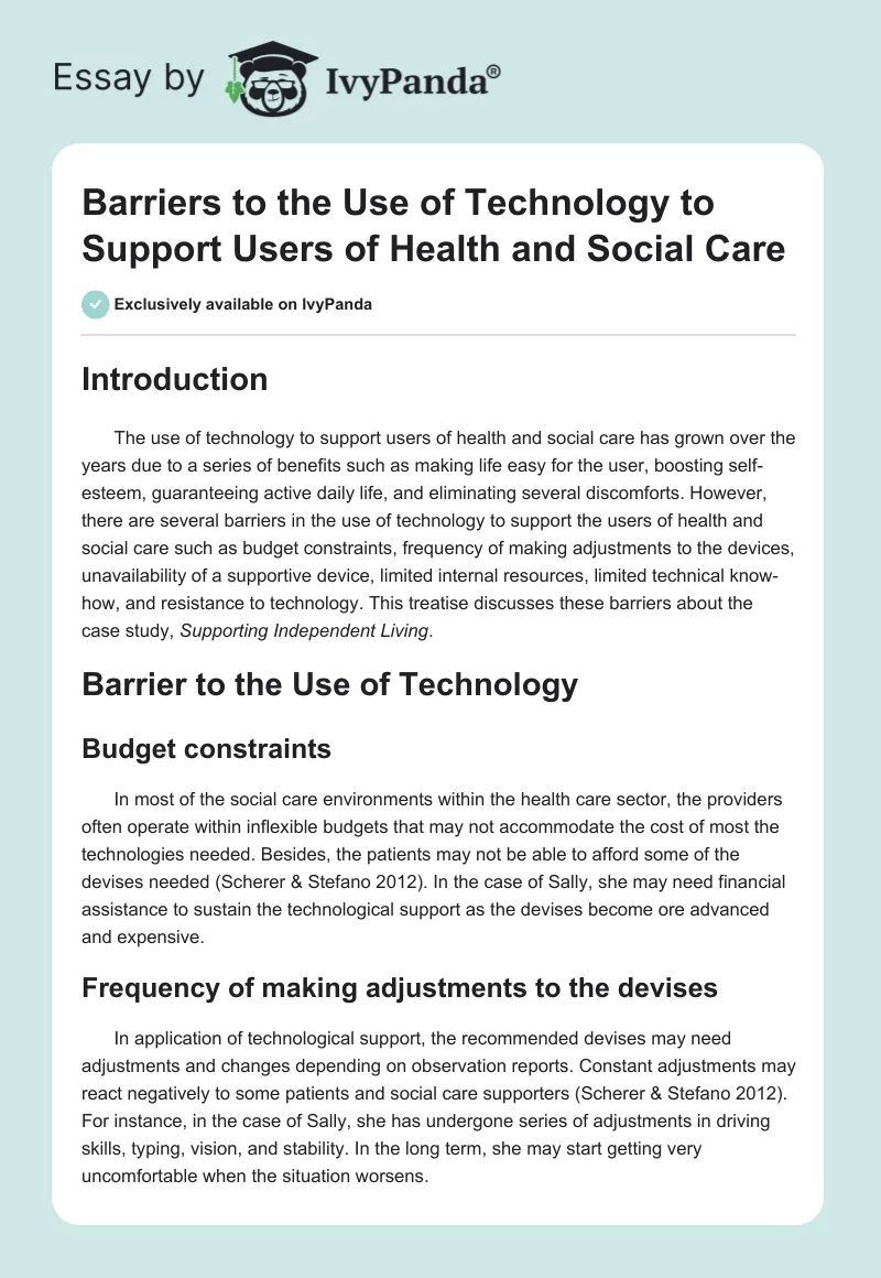Barriers to the Use of Technology to Support Users of Health and Social Care. Page 1