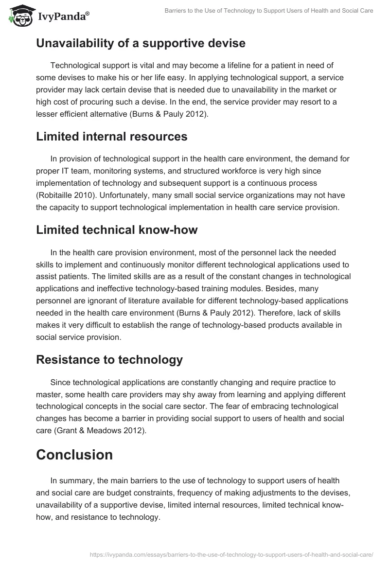 Barriers to the Use of Technology to Support Users of Health and Social Care. Page 2