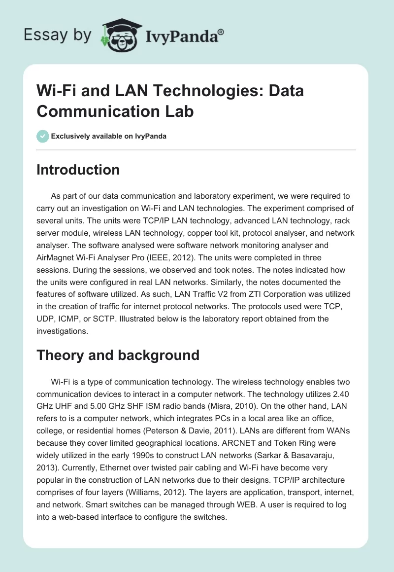 Wi-Fi and LAN Technologies: Data Communication Lab. Page 1