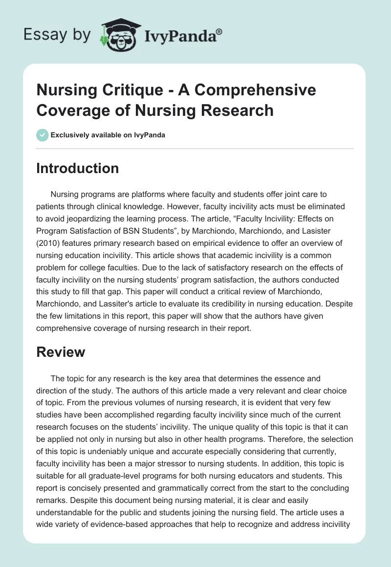 Nursing Critique - A Comprehensive Coverage of Nursing Research. Page 1