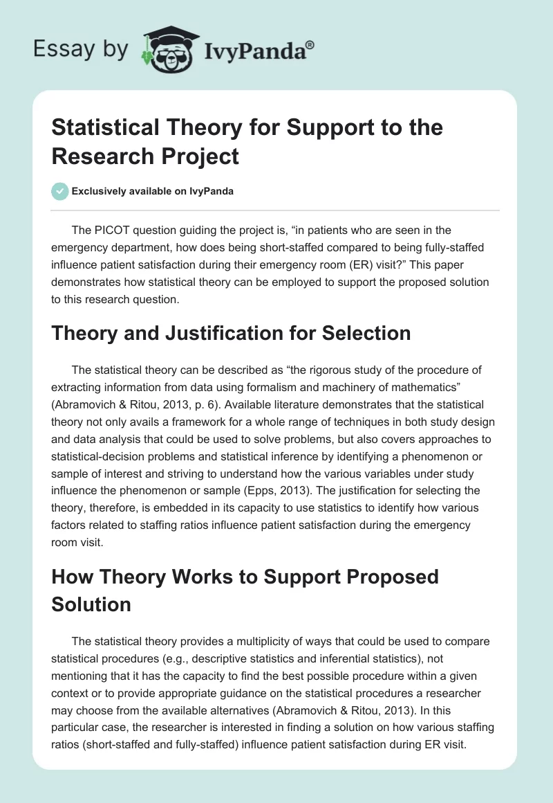 Statistical Theory for Support to the Research Project. Page 1