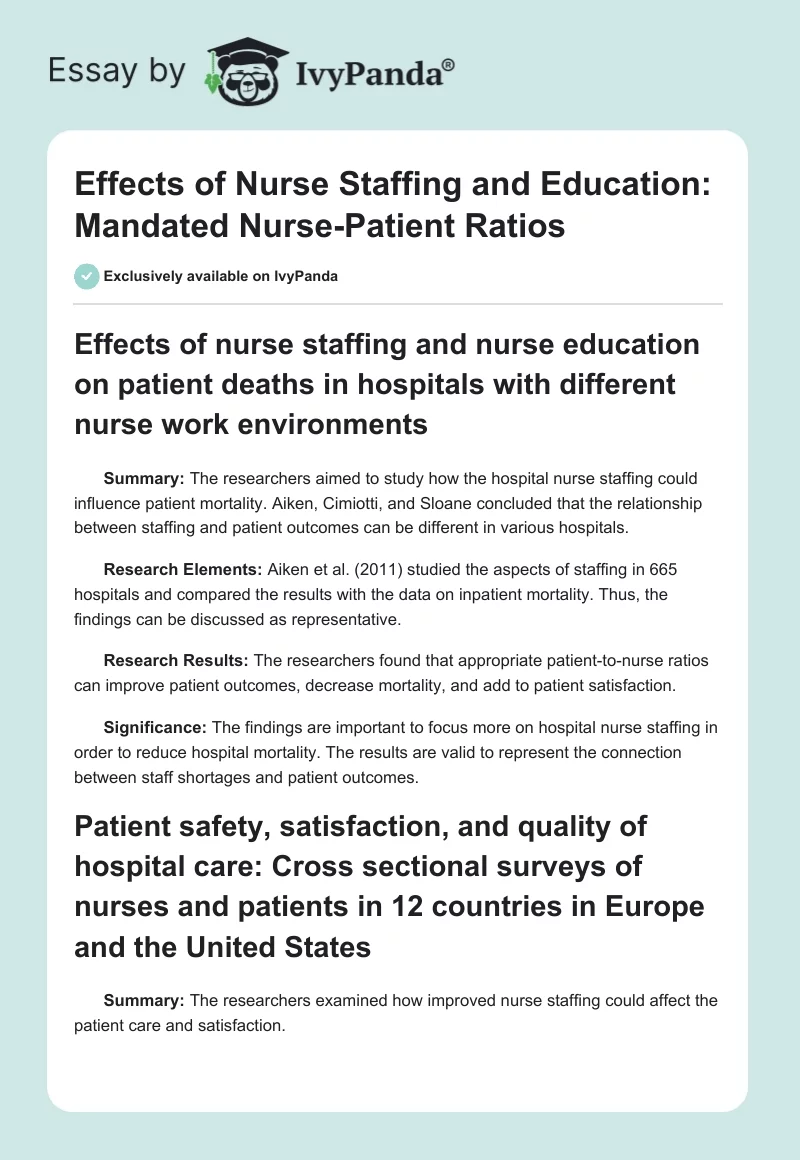 Effects of Nurse Staffing and Education: Mandated Nurse-Patient Ratios. Page 1