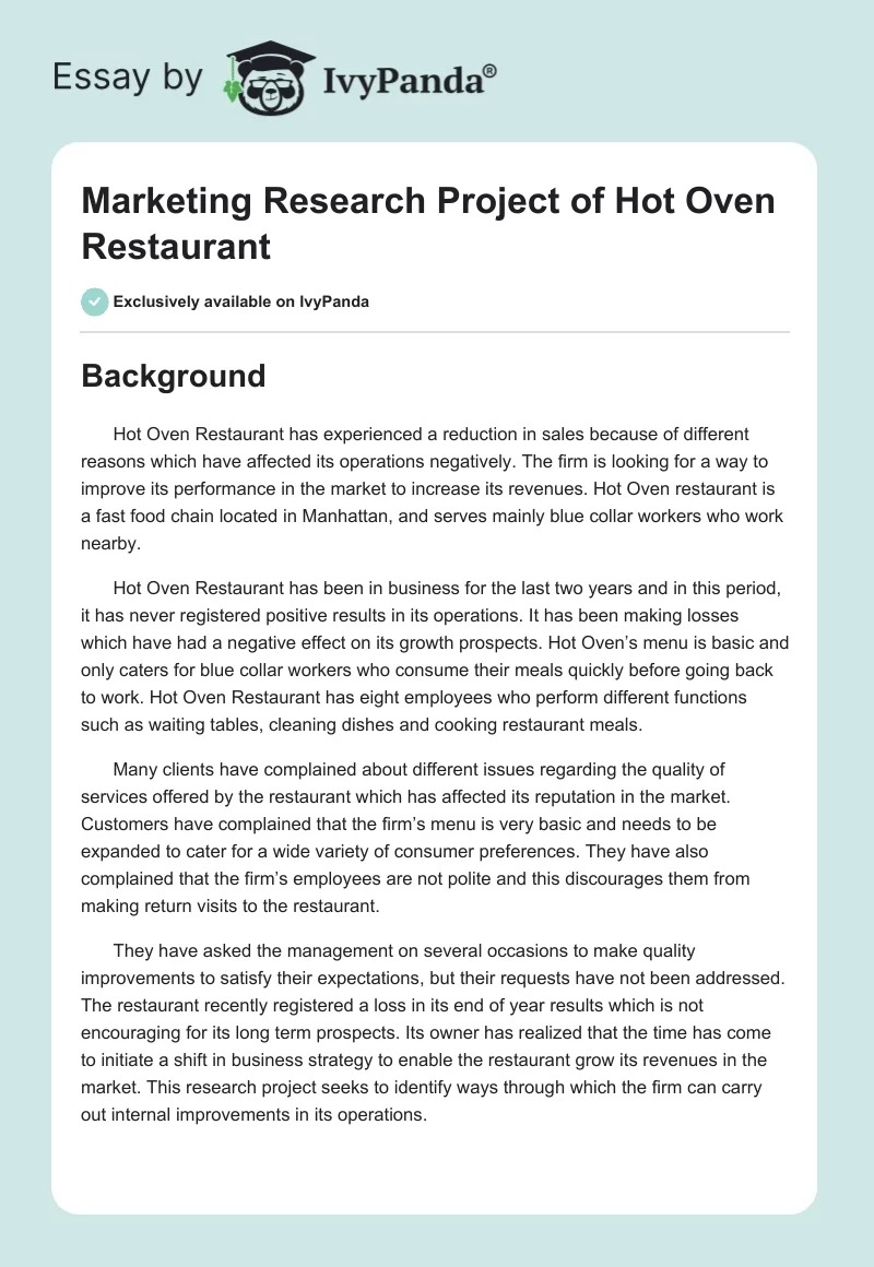 Marketing Research Project of Hot Oven Restaurant. Page 1