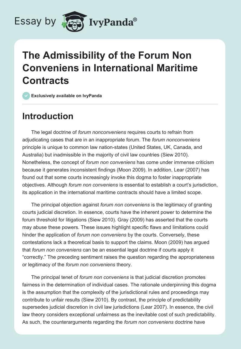 The Admissibility of the Forum Non Conveniens in International Maritime Contracts. Page 1