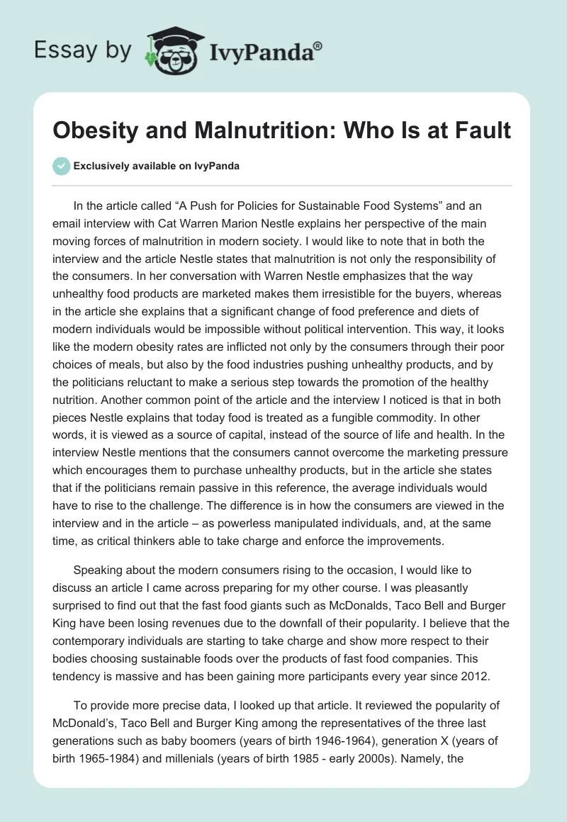 Obesity and Malnutrition: Who Is at Fault. Page 1