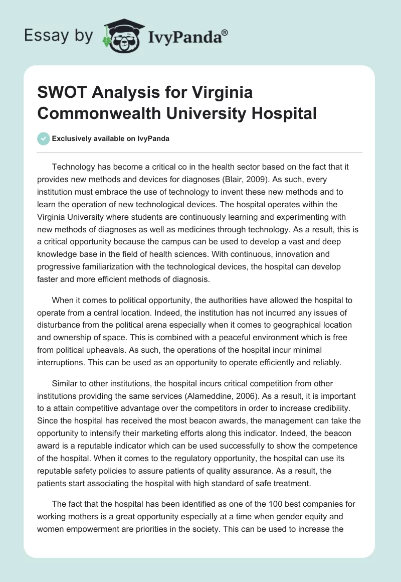 SWOT Analysis for Virginia Commonwealth University Hospital. Page 1