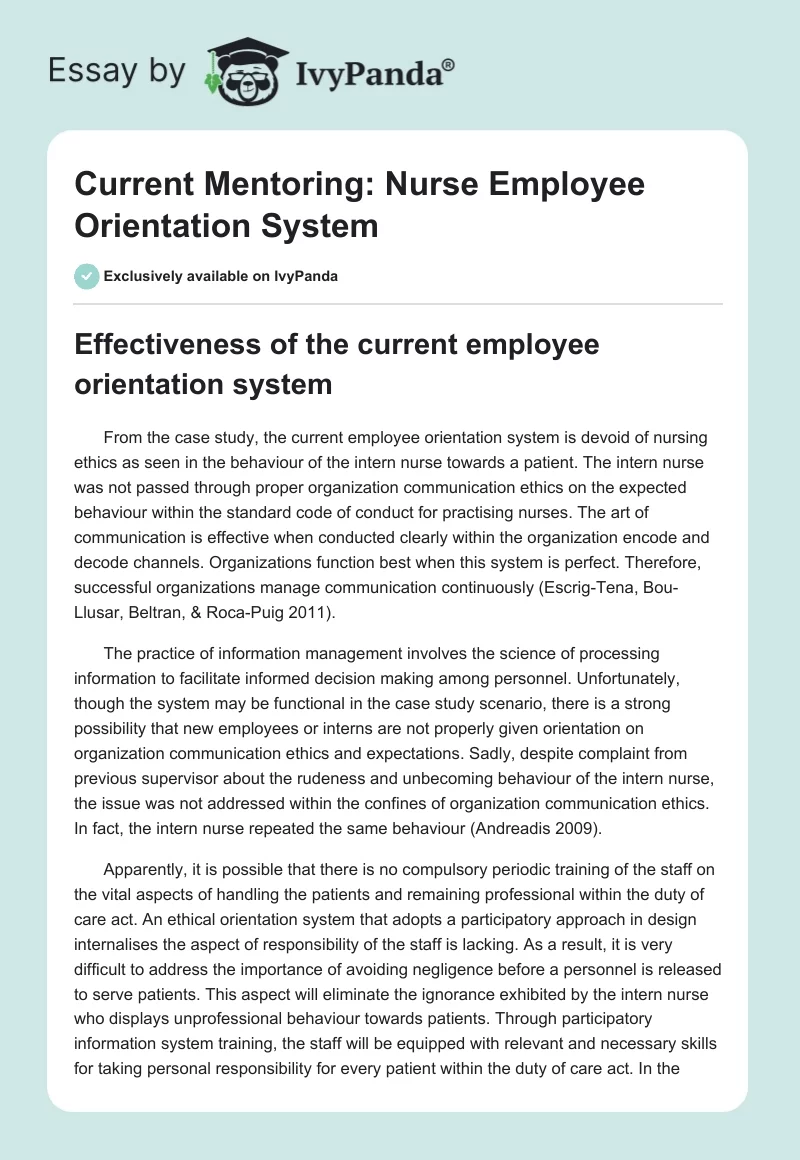 Current Mentoring: Nurse Employee Orientation System. Page 1