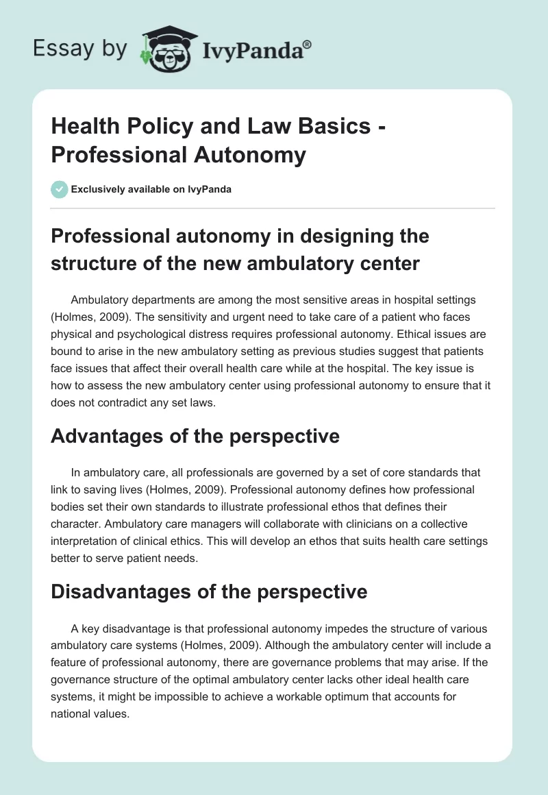 Health Policy and Law Basics - Professional Autonomy. Page 1