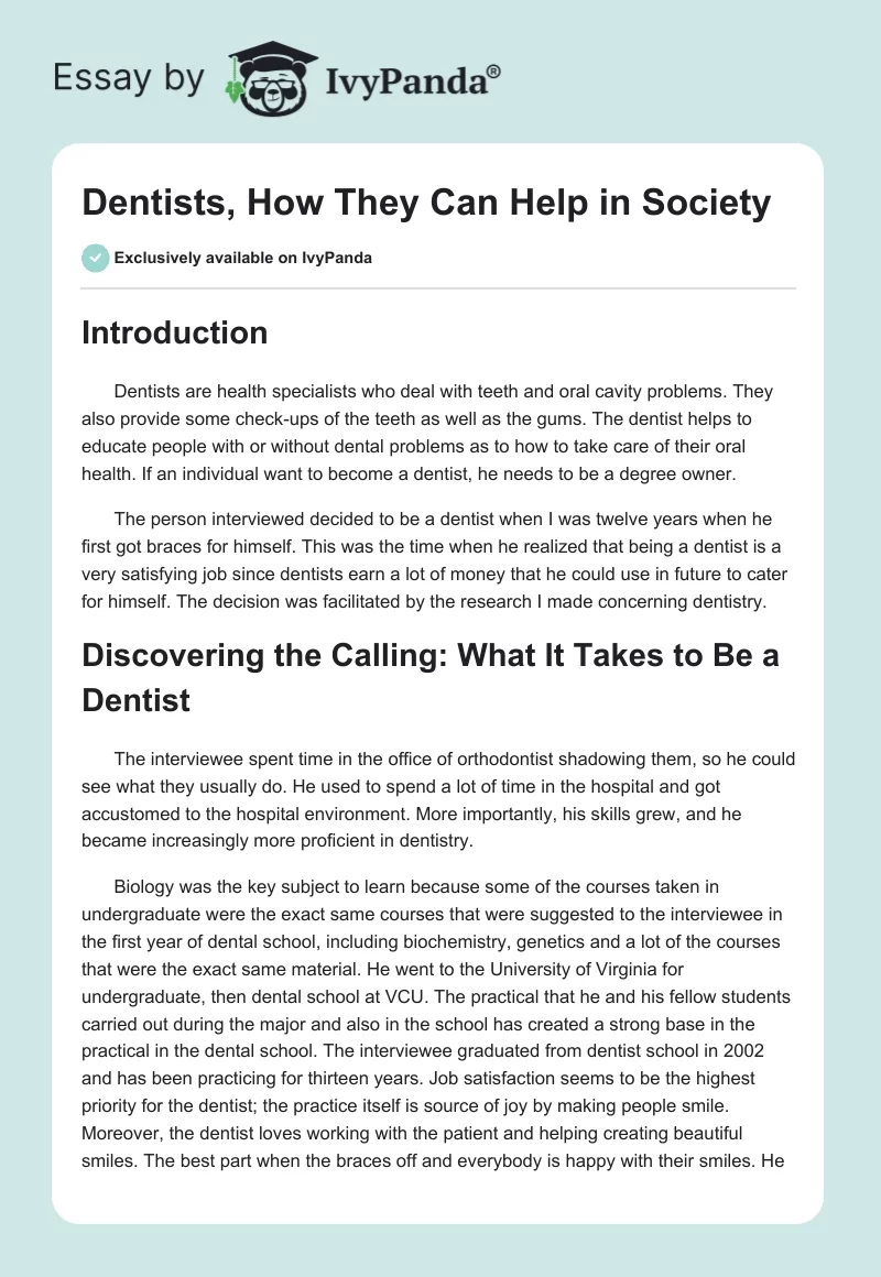 Dentists, How They Can Help in Society. Page 1