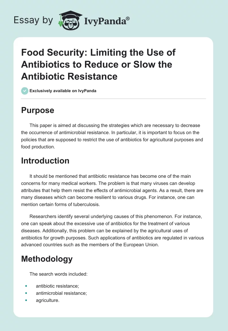 Food Security: Limiting the Use of Antibiotics to Reduce or Slow the Antibiotic Resistance. Page 1