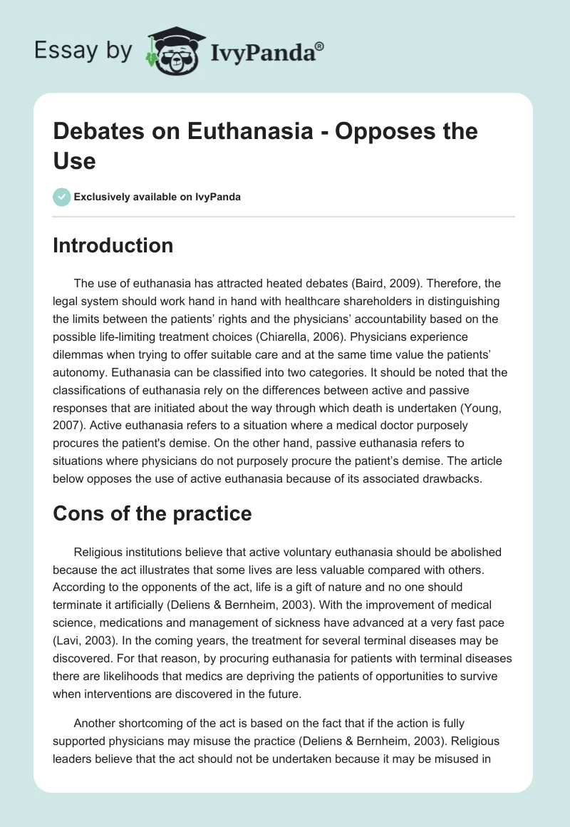 Debates on Euthanasia - Opposes the Use. Page 1