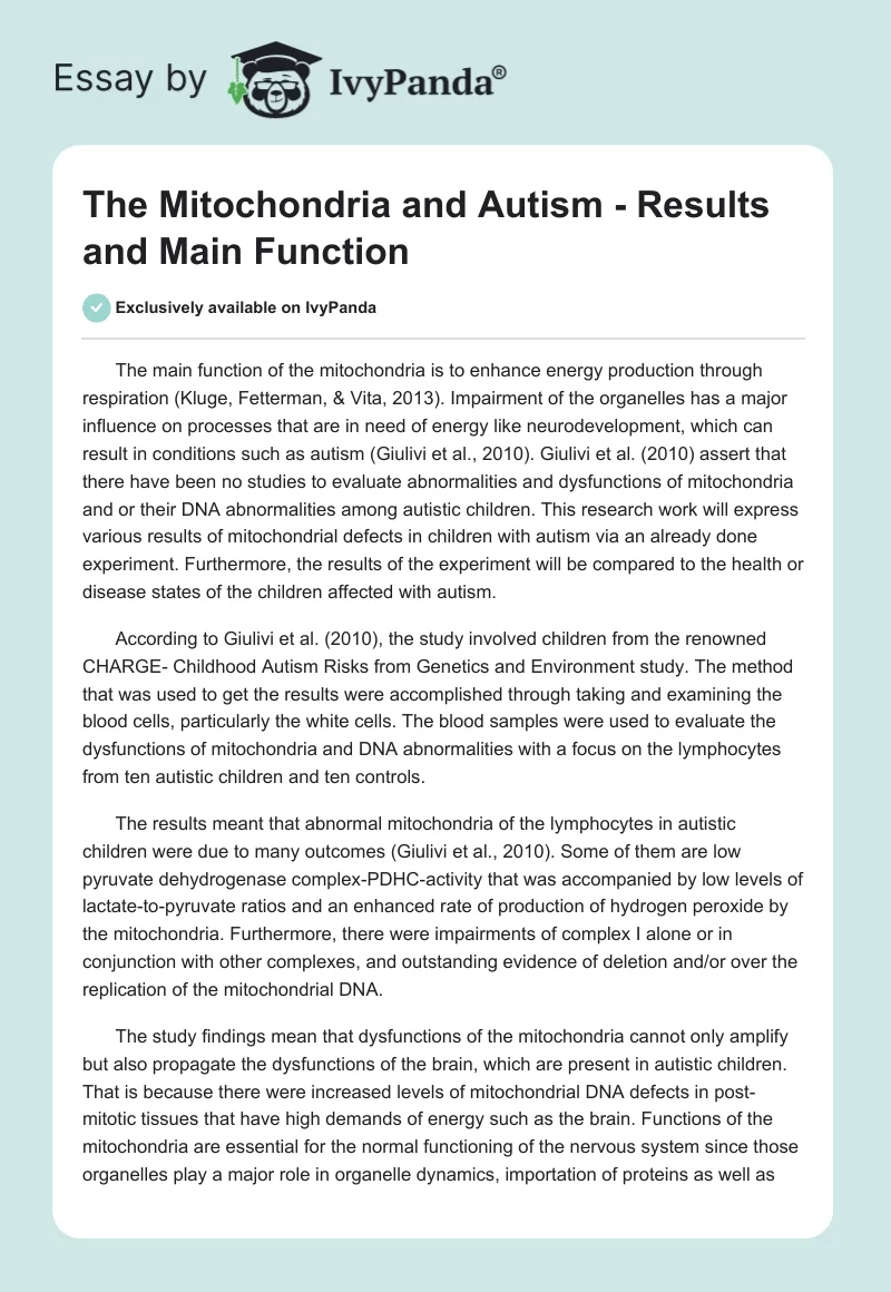 The Mitochondria and Autism - Results and Main Function. Page 1