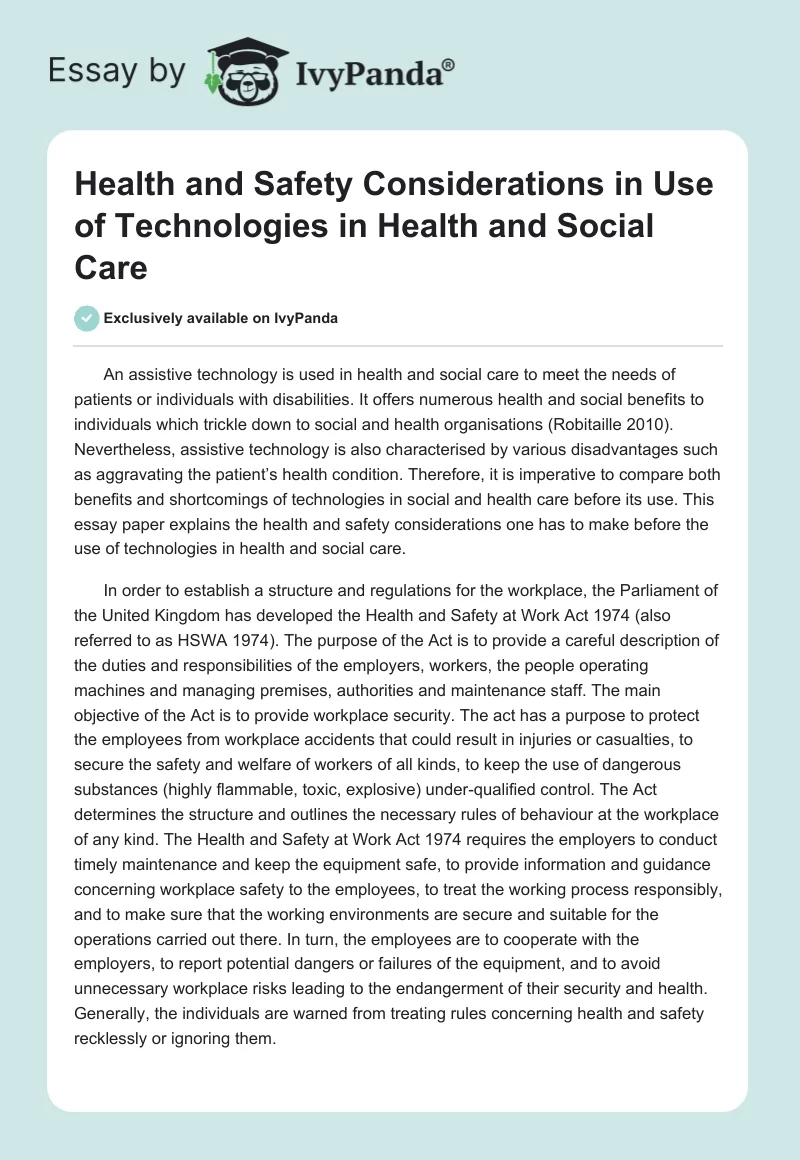 Health and Safety Considerations in Use of Technologies in Health and Social Care. Page 1