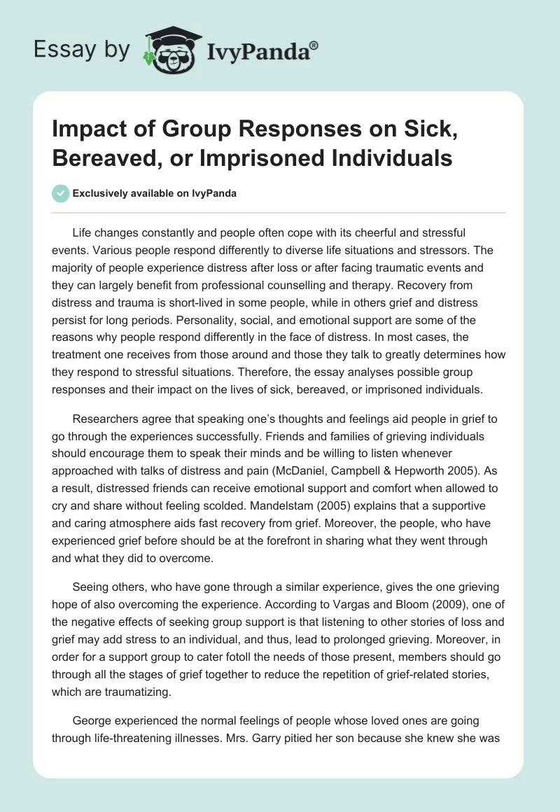 Impact of Group Responses on Sick, Bereaved, or Imprisoned Individuals. Page 1