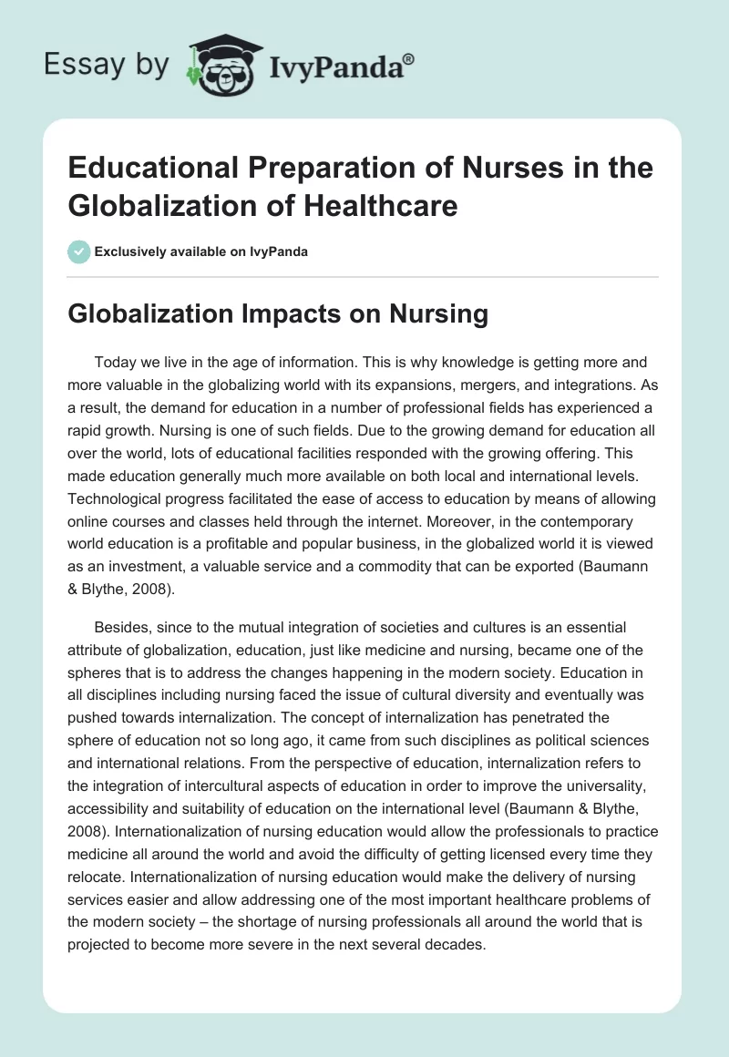 Educational Preparation of Nurses in the Globalization of Healthcare. Page 1