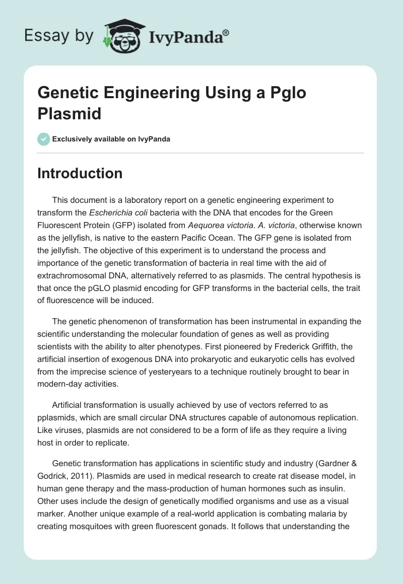 Genetic Engineering Using a Pglo Plasmid. Page 1