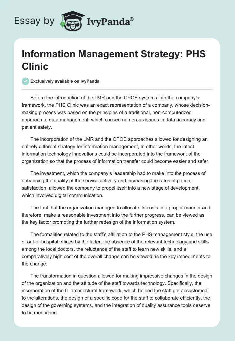 Information Management Strategy: PHS Clinic. Page 1