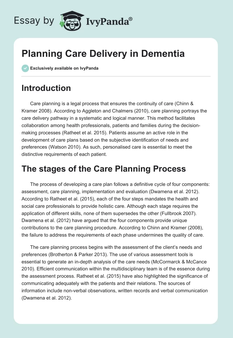 Planning Care Delivery in Dementia. Page 1