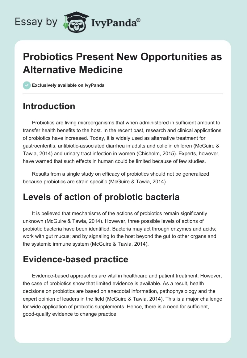 Probiotics Present New Opportunities as Alternative Medicine. Page 1