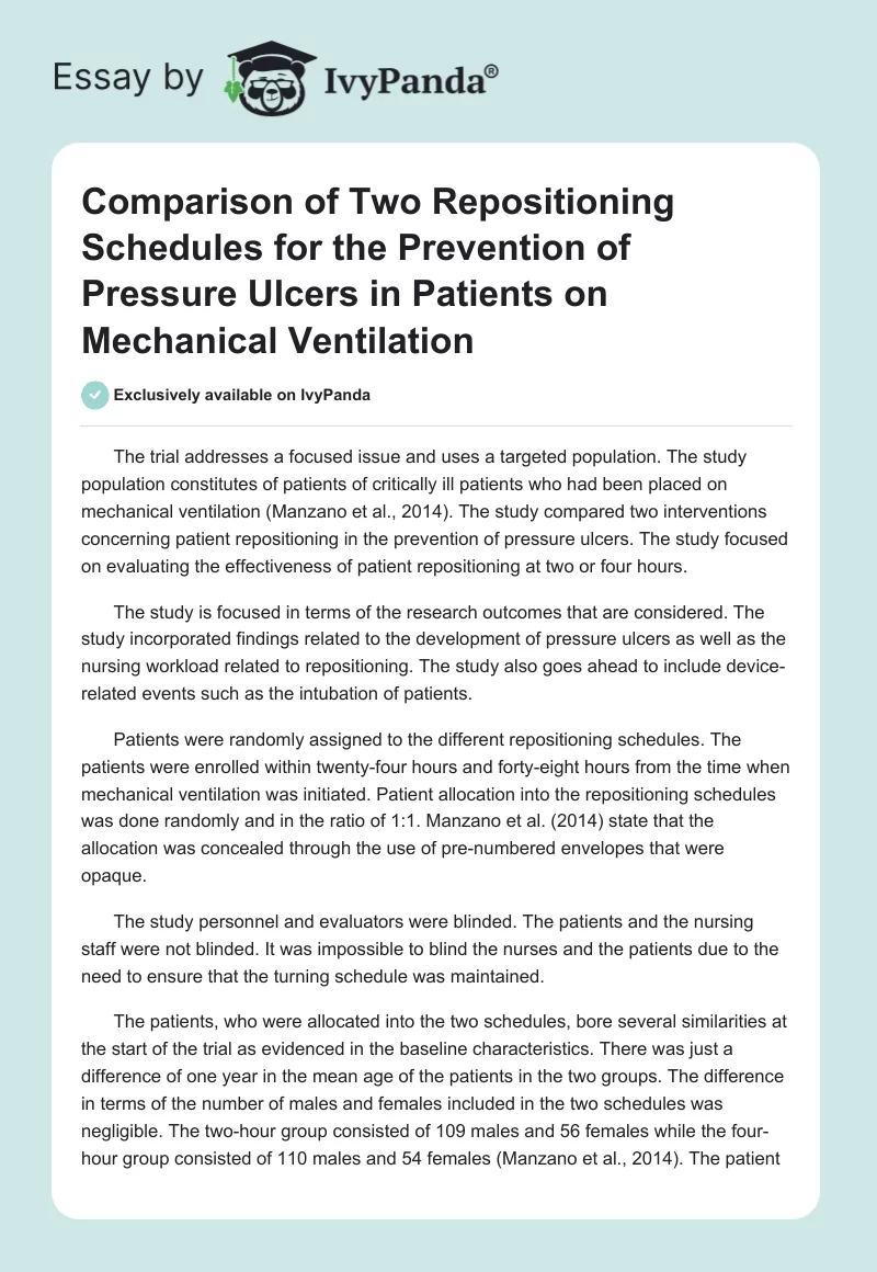Comparison of Two Repositioning Schedules for the Prevention of Pressure Ulcers in Patients on Mechanical Ventilation. Page 1