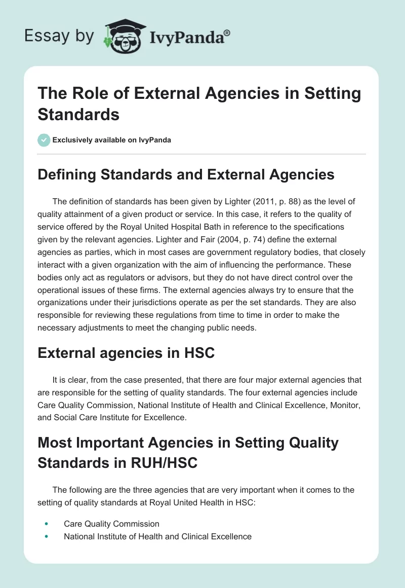 The Role of External Agencies in Setting Standards. Page 1