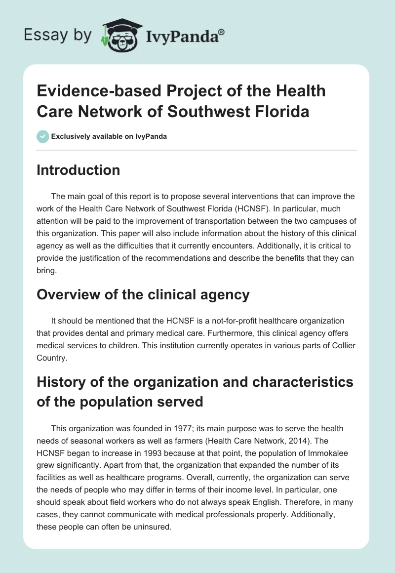 Evidence-based Project of the Health Care Network of Southwest Florida. Page 1