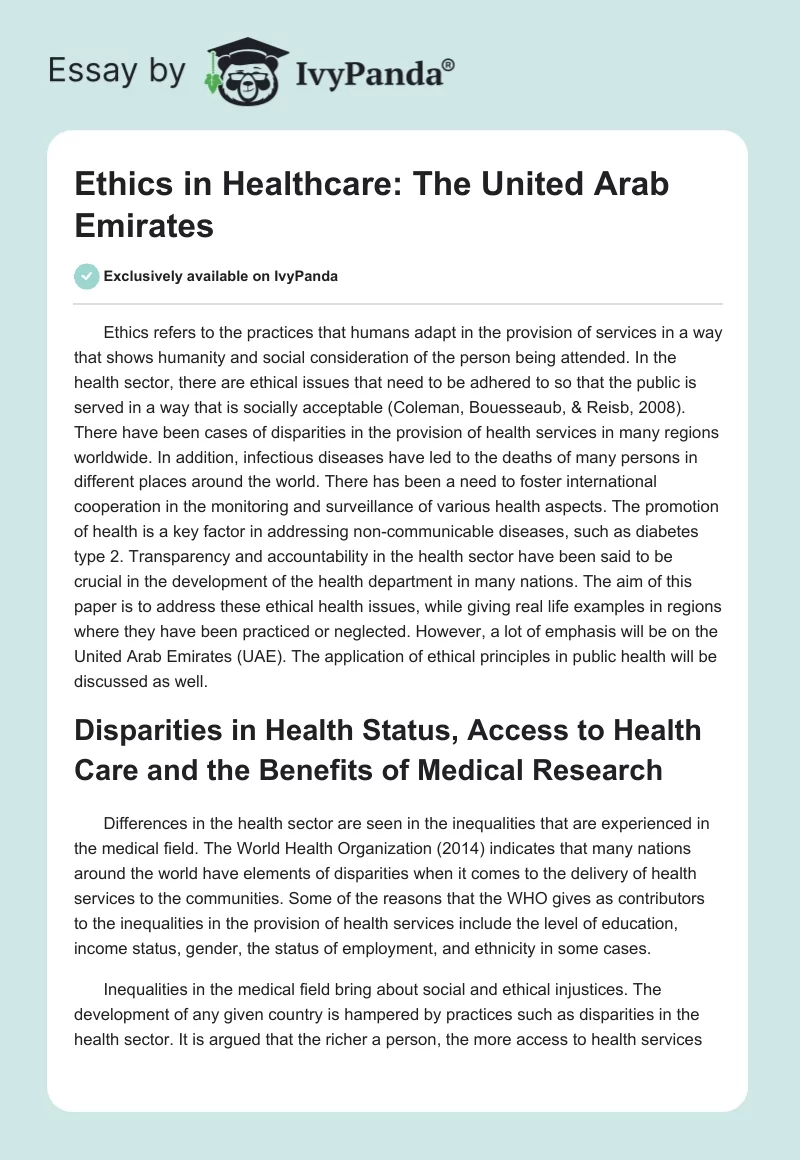 Ethics in Healthcare: The United Arab Emirates. Page 1
