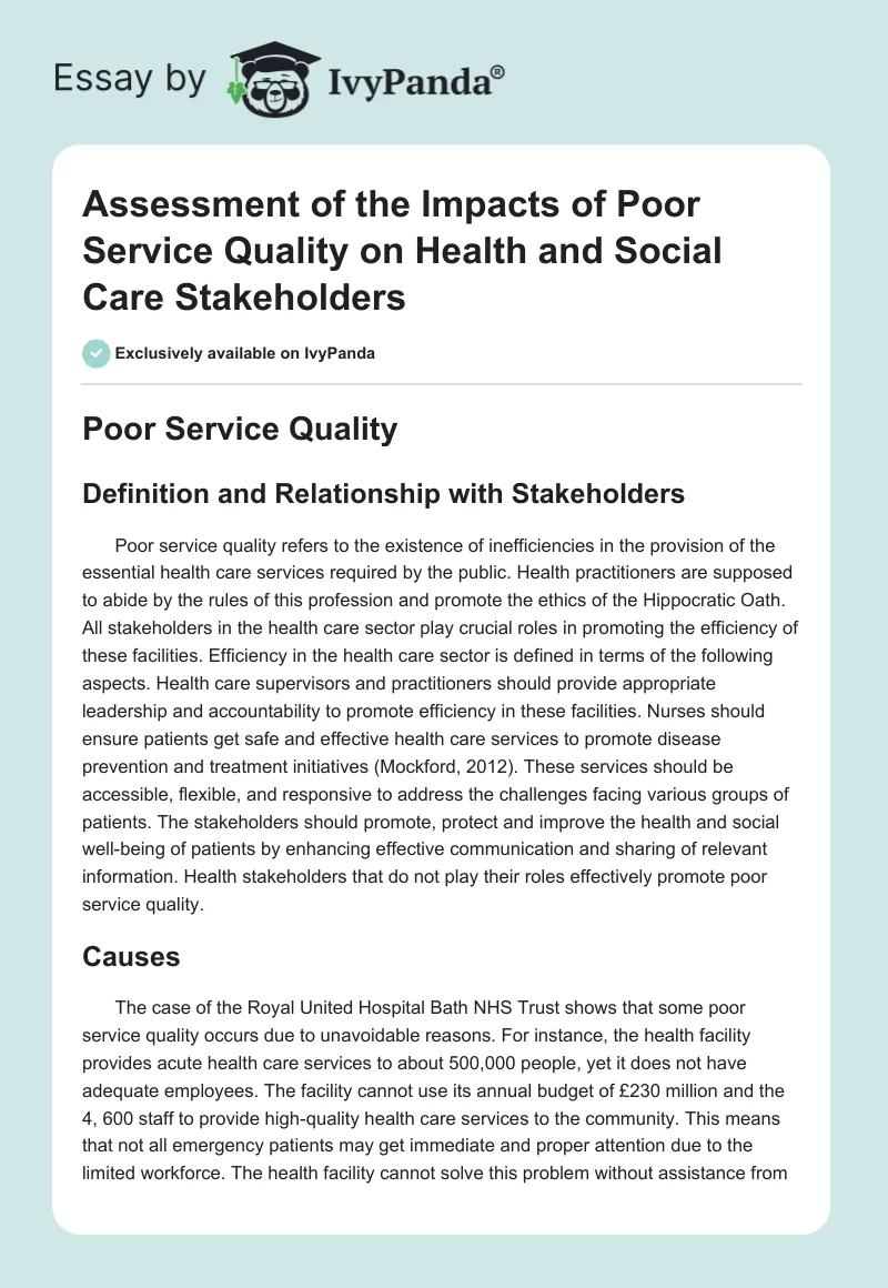 Assessment of the Impacts of Poor Service Quality on Health and Social Care Stakeholders. Page 1