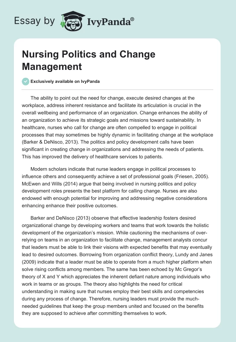 Nursing Politics and Change Management. Page 1