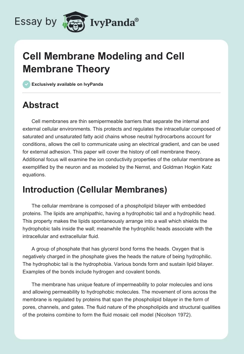 Cell Membrane Modeling and Cell Membrane Theory. Page 1