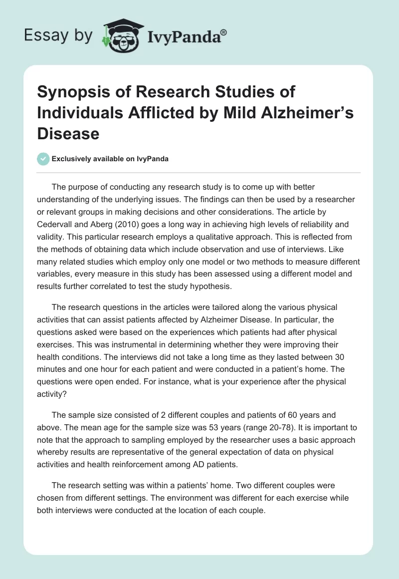 Synopsis of Research Studies of Individuals Afflicted by Mild Alzheimer’s Disease. Page 1