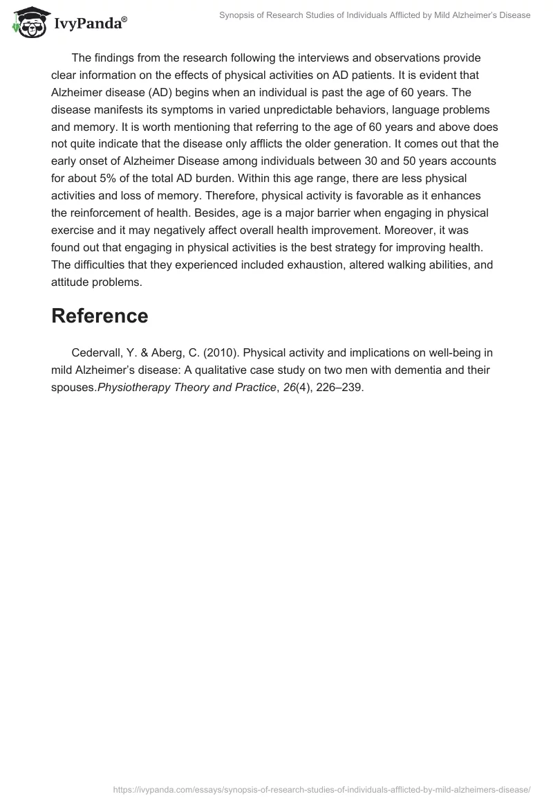 Synopsis of Research Studies of Individuals Afflicted by Mild Alzheimer’s Disease. Page 2
