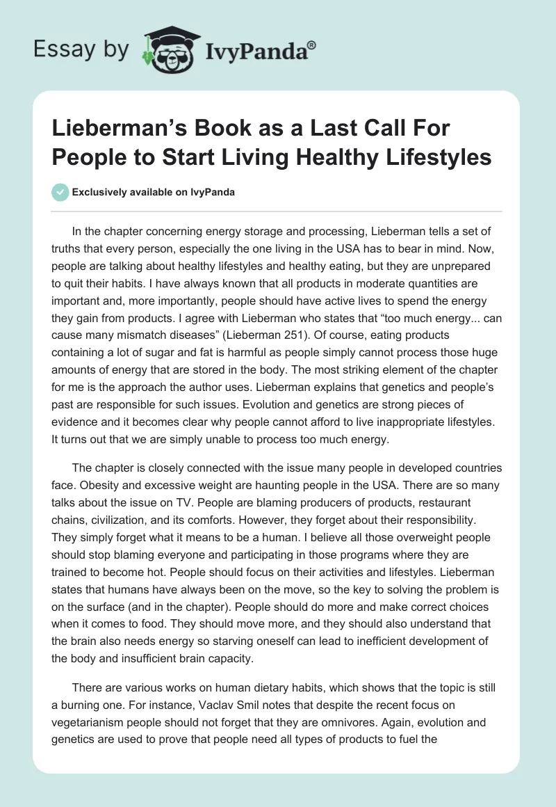 Lieberman’s Book as a Last Call For People to Start Living Healthy Lifestyles. Page 1
